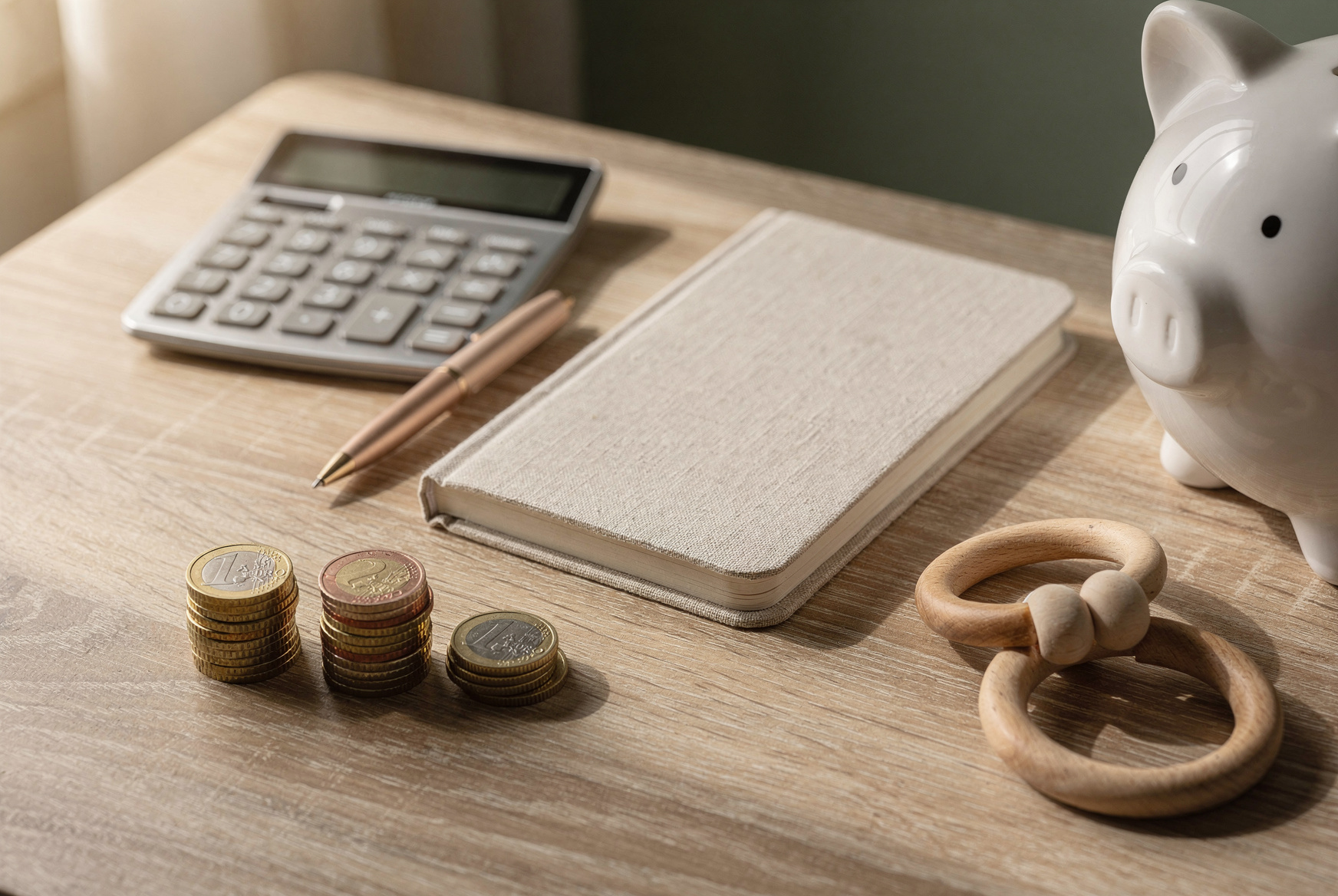 Carnet, calculatrice, piles de pièces et tirelire sur une table en bois pour préparer l'épargne d'un enfant