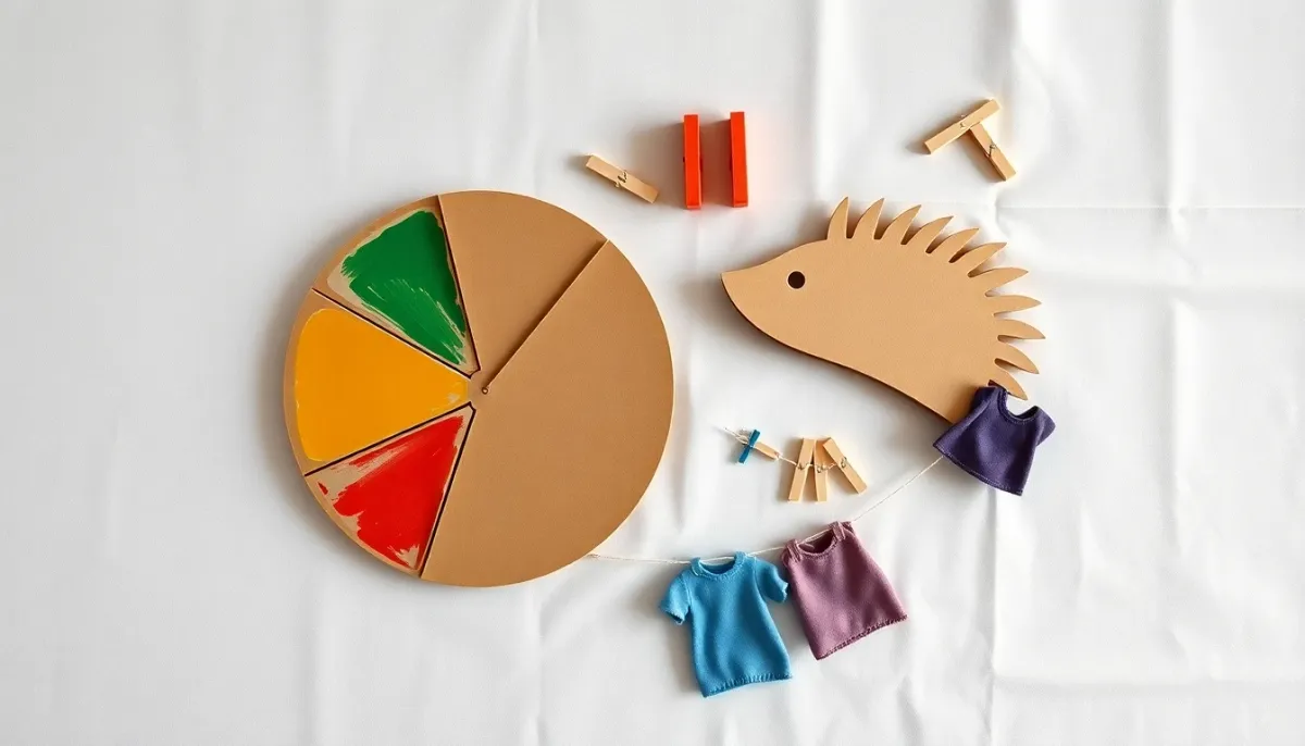 Vue de dessus des 8 activités Montessori avec pinces à linge : disque coloré, hérisson en carton et fil à linge miniature avec vêtements en feutrine
