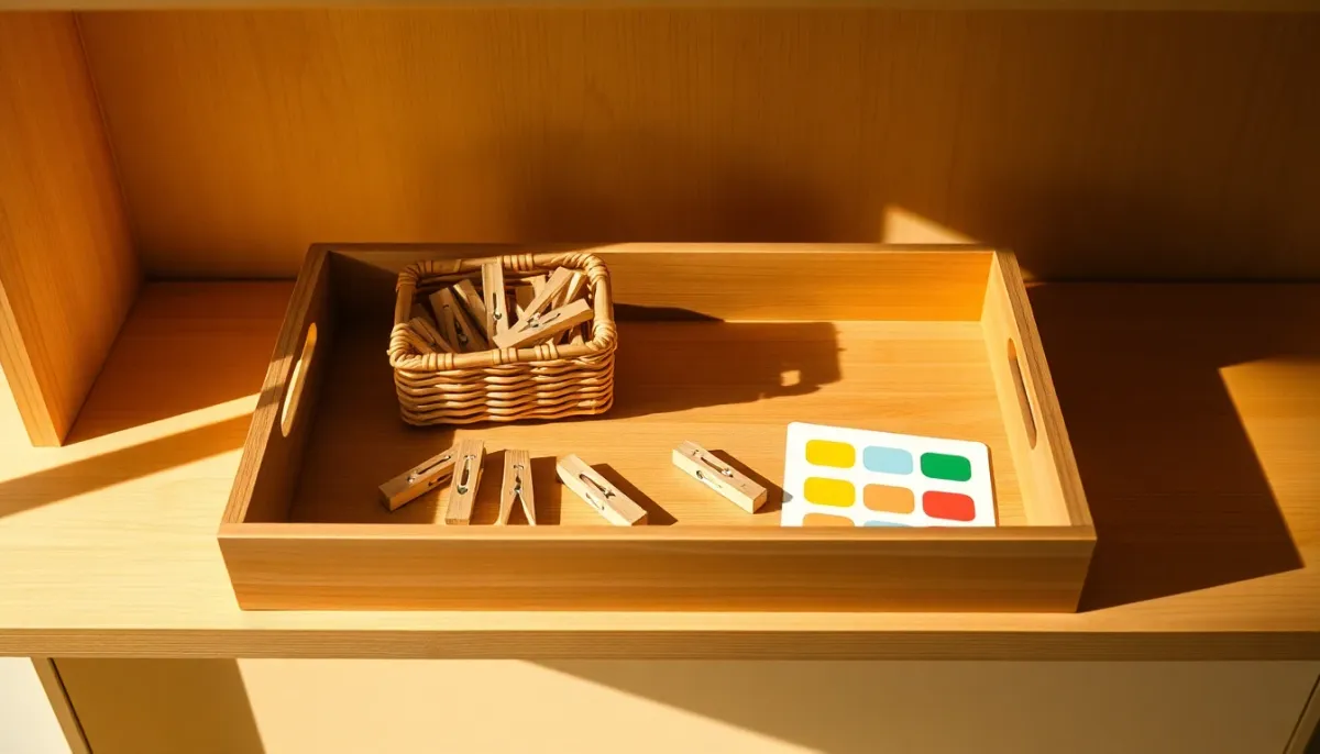Plateau Montessori bien rangé avec un panier en osier contenant des pinces à linge en bois et un support pédagogique coloré, prêt pour une activité quotidienne