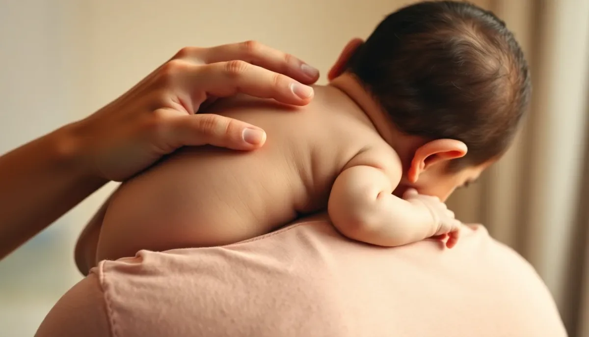 Parent tapotant doucement le dos de son bébé tenu en position verticale, geste recommandé pour soulager le hoquet du nourrisson