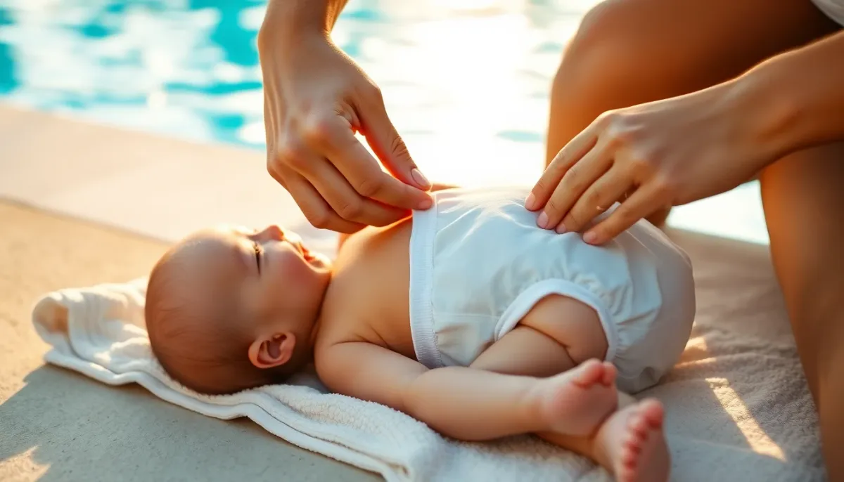 Parent ajustant une couche piscine sur son bébé en vérifiant la taille et l'ajustement