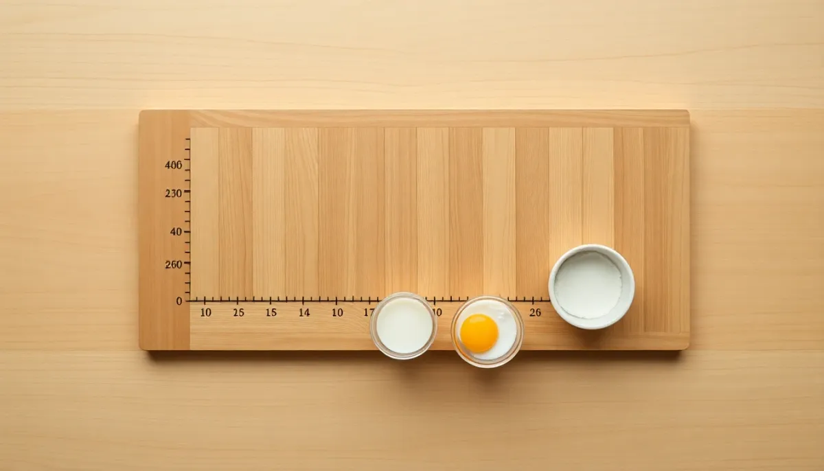 Ingrédients séparés de la crème pâtissière — œuf, lait et farine — disposés individuellement sur une table en bois clair