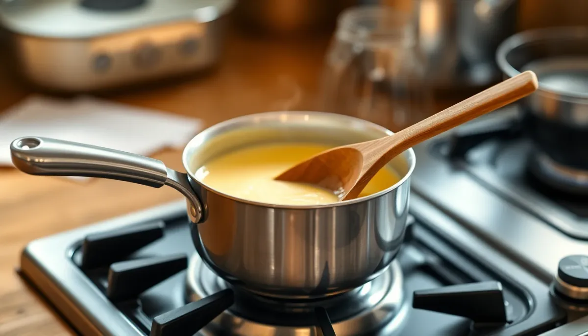 Crème pâtissière maison en train d'être préparée dans une casserole sur le feu avec une cuillère en bois