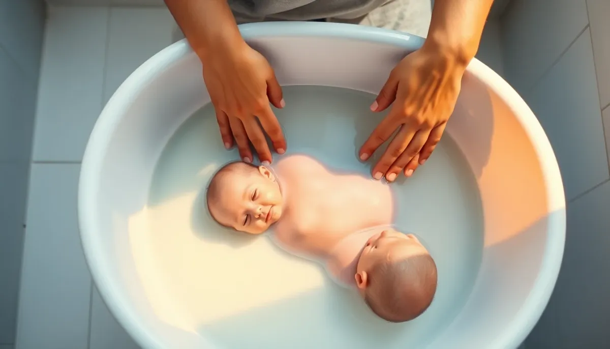 Parent donnant un bain à son nourrisson dans une baignoire avec une eau correctement dosée en bicarbonate selon les recommandations médicales