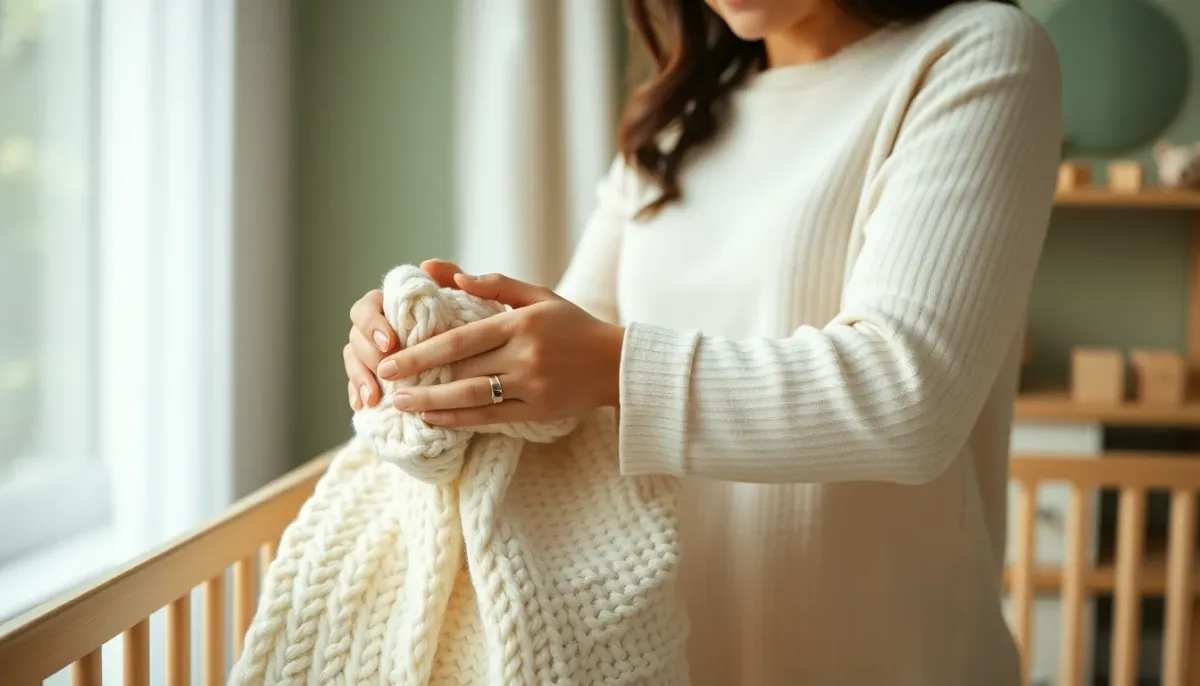 Parent arrangeant des textiles neutres dans une chambre bébé mixte décorée en tons naturels