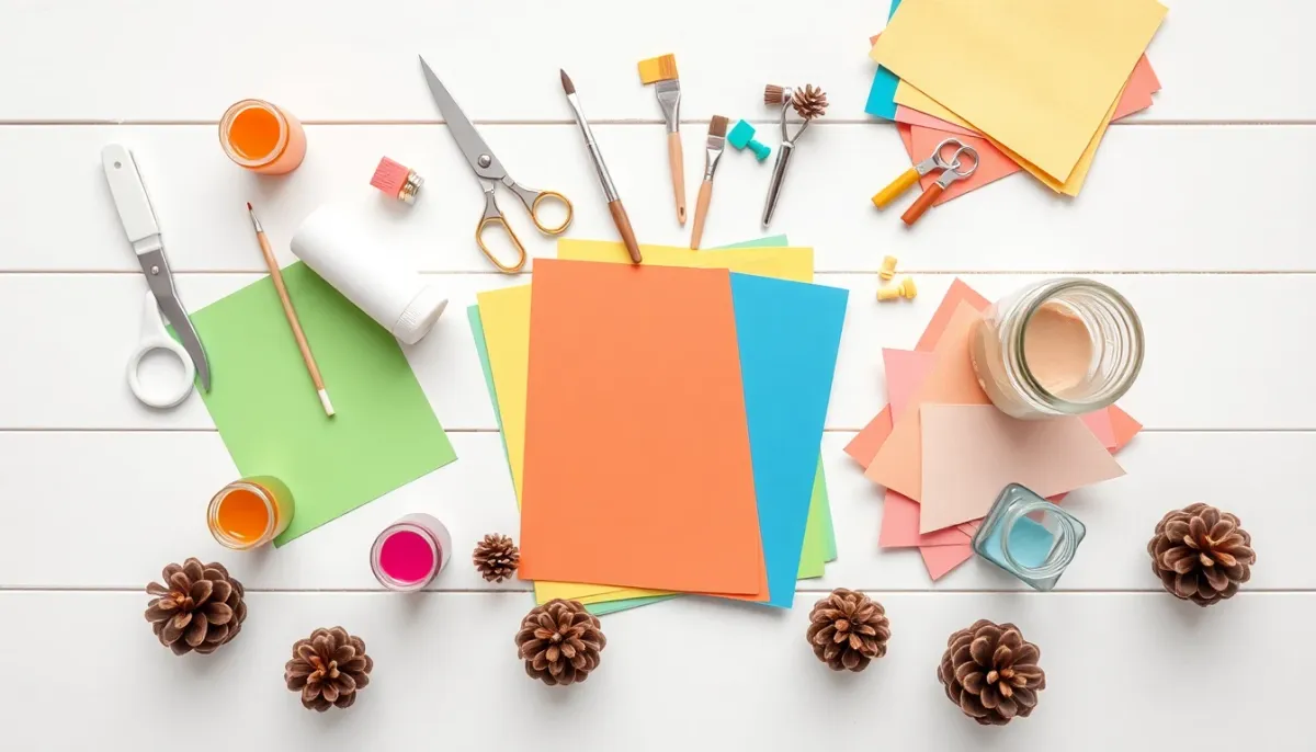 Kit de démarrage DIY bébé avec peintures, ciseaux, colle, papier cartonné et matériaux de récupération disposés sur une surface blanche
