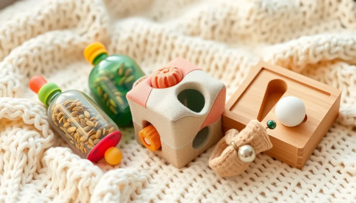 Jouets d'éveil DIY faits main : maracas en bouteilles, cube sensoriel en tissu, boîte à formes Montessori et bracelet à grelots sur un plaid blanc