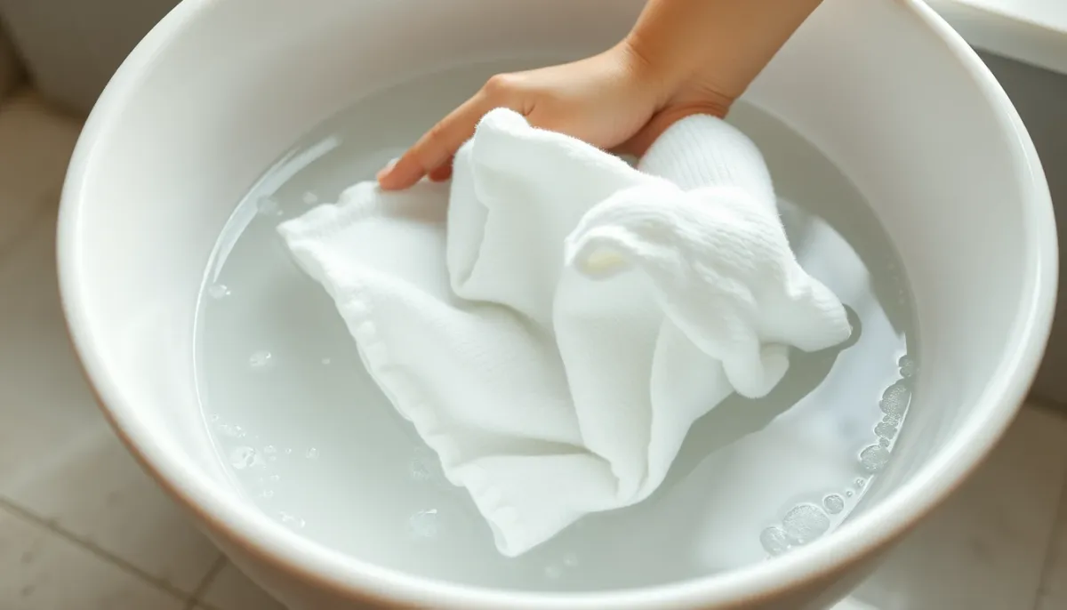 Entretien d'un doudou blanc bébé lavé à la main dans une bassine d'eau claire