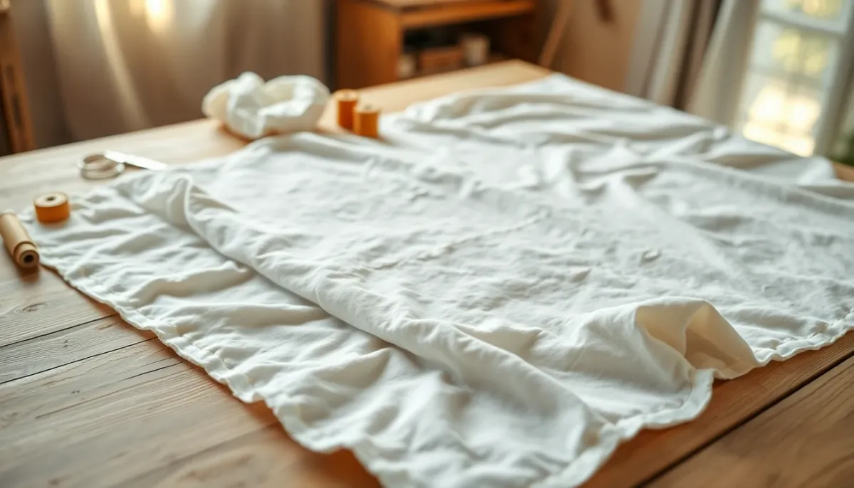 Confection à la main d'un doudou en chiffon pour bébé avec du tissu en coton bio sur une table de couture