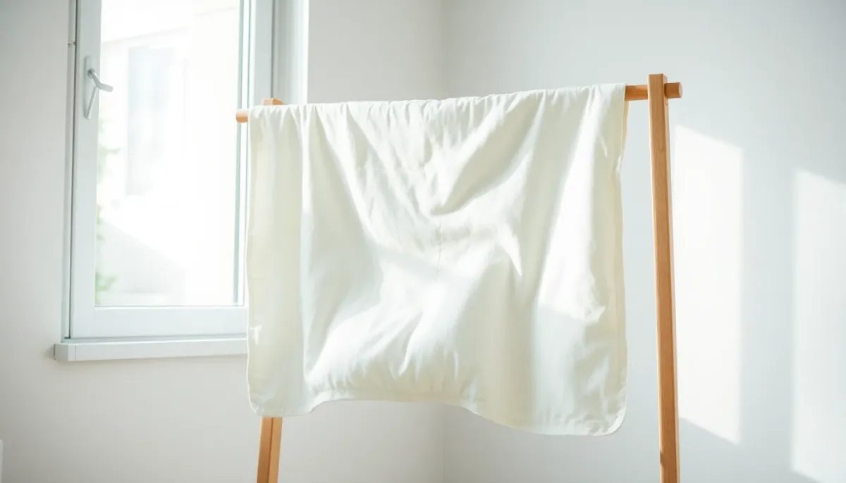 Doudou en chiffon pour bébé mis à sécher sur un séchoir en bois près d'une fenêtre lumineuse