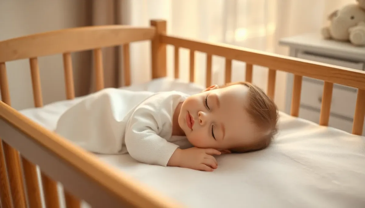 Doudou poupée pour bébé posé dans un berceau en bois avec un drap en mousseline blanche, ambiance chambre de bébé apaisante