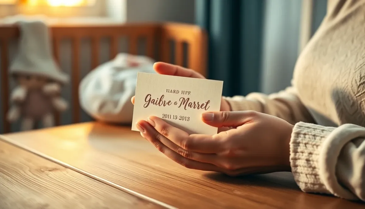 Mains de mère tenant un faire-part de naissance classique et élégant