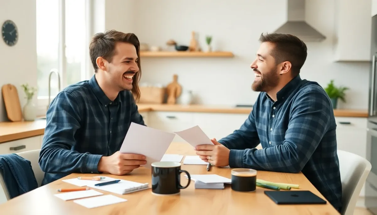 Couple joyeux rédigeant ensemble des faire-parts de naissance originaux et drôles