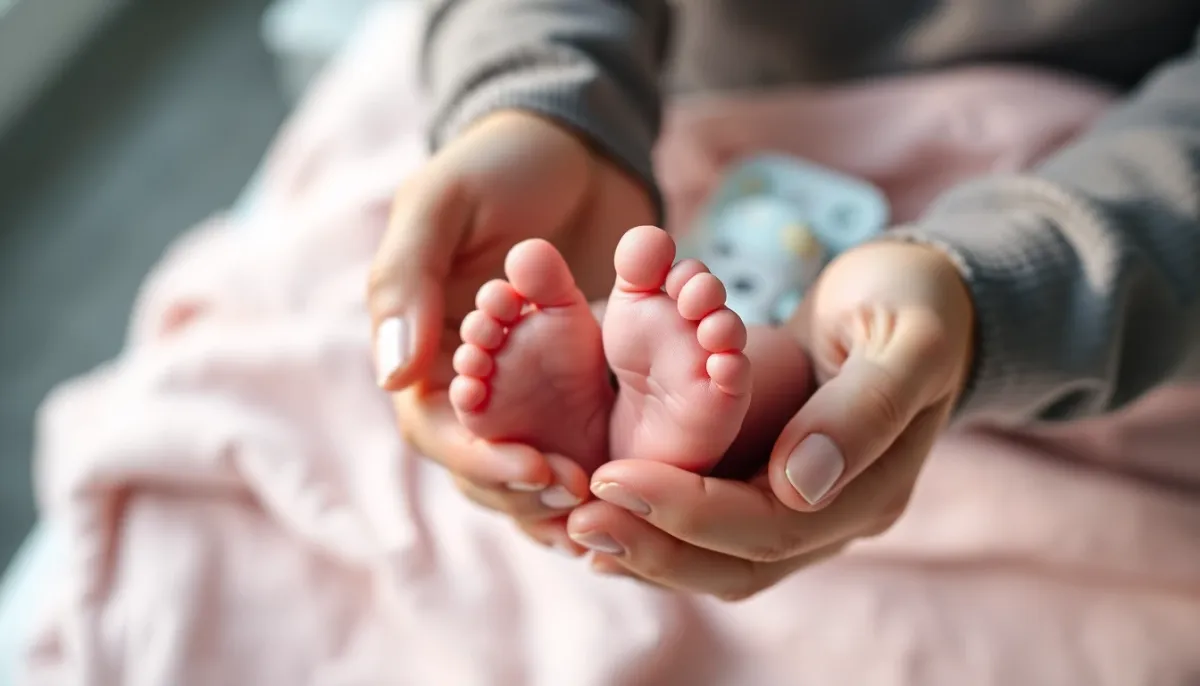Gros plan sur les mains d'un parent tenant les pieds d'un nouveau-né, illustrant le début du massage dès les premières semaines de vie