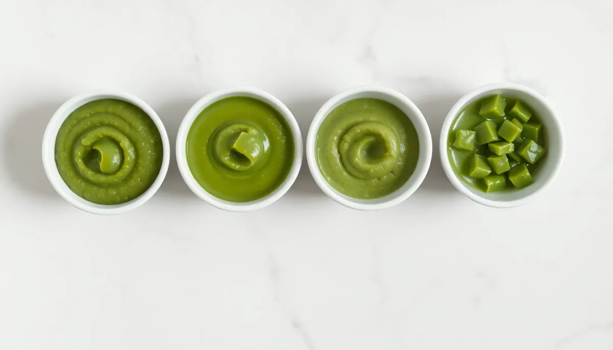 Progression des textures de purée de haricots verts selon l'âge du bébé, de la purée lisse aux morceaux