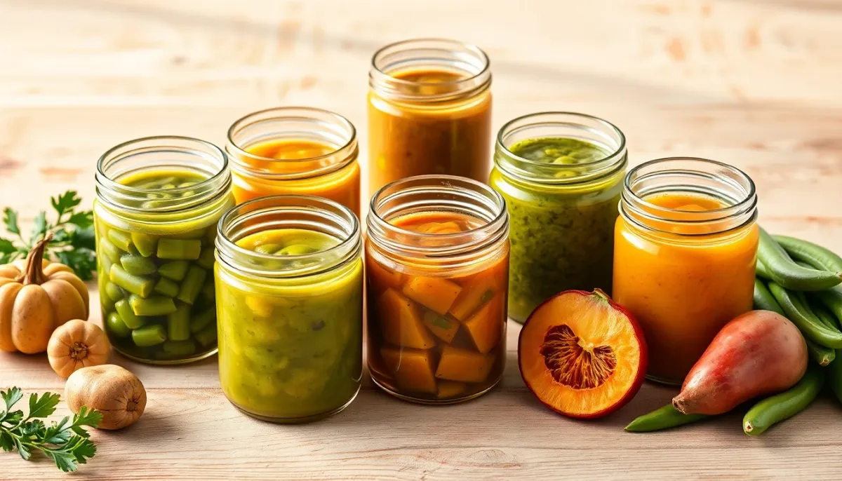 Variantes de purée de haricots verts pour bébé en petits pots en verre avec différents légumes associés