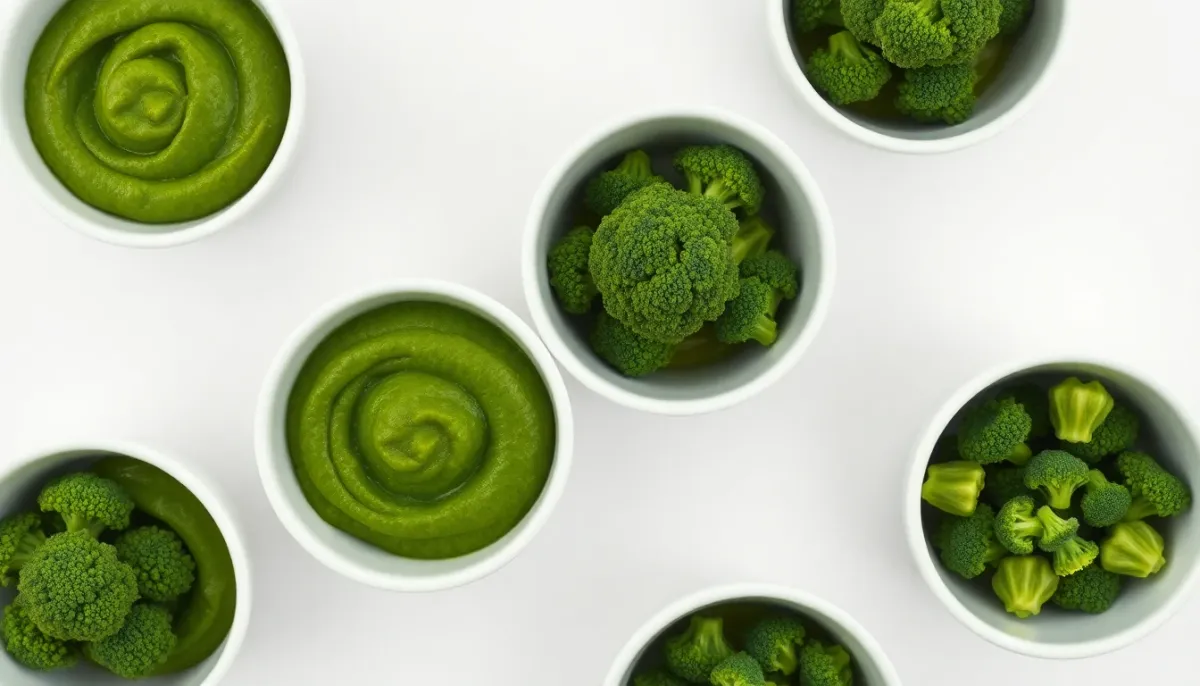 Progression des textures de brocoli pour bébé selon l'âge, de la purée lisse aux petits morceaux