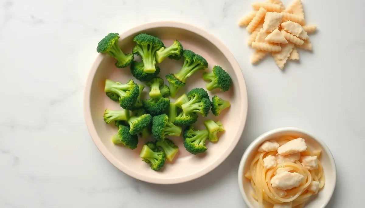 Assiette de brocoli en petits morceaux fondants avec pâtes et poisson pour bébé de 9 mois à 1 an