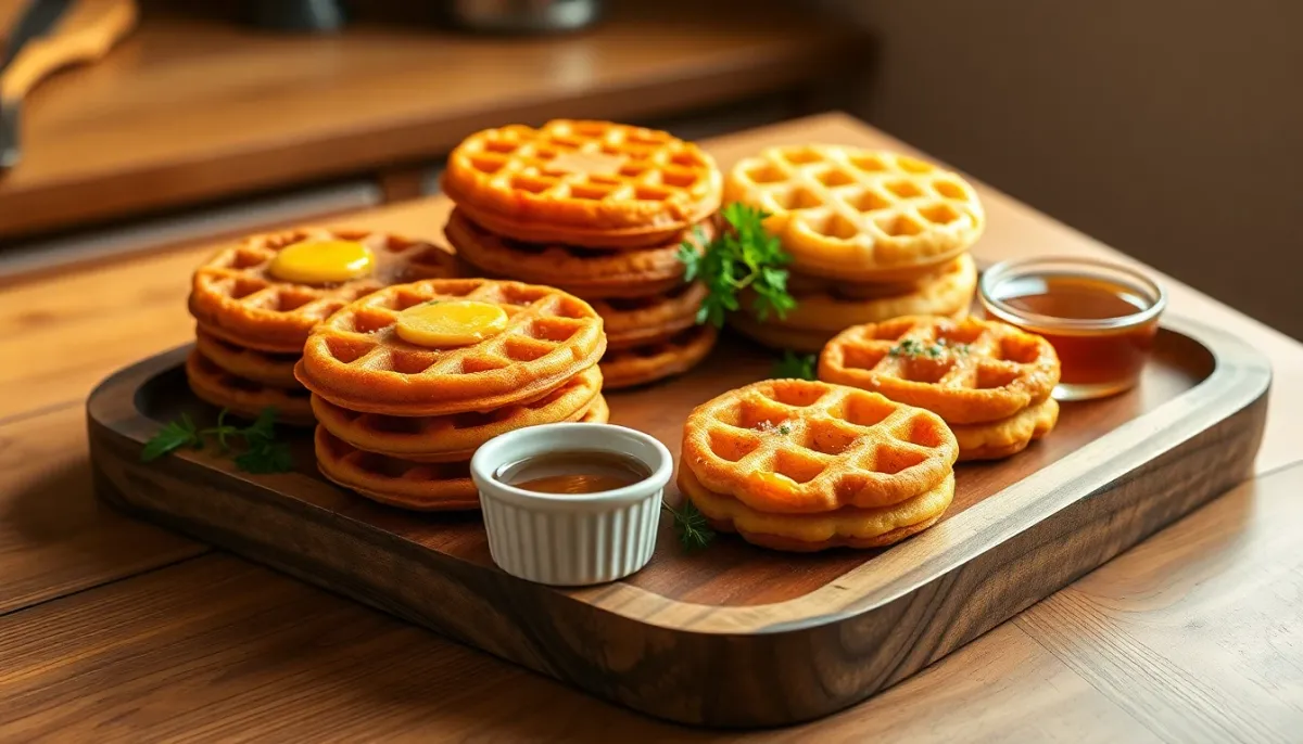 Assortiment de pancakes à la carotte, gaufres de patate douce et mini-cakes à la courgette sur un plateau en bois