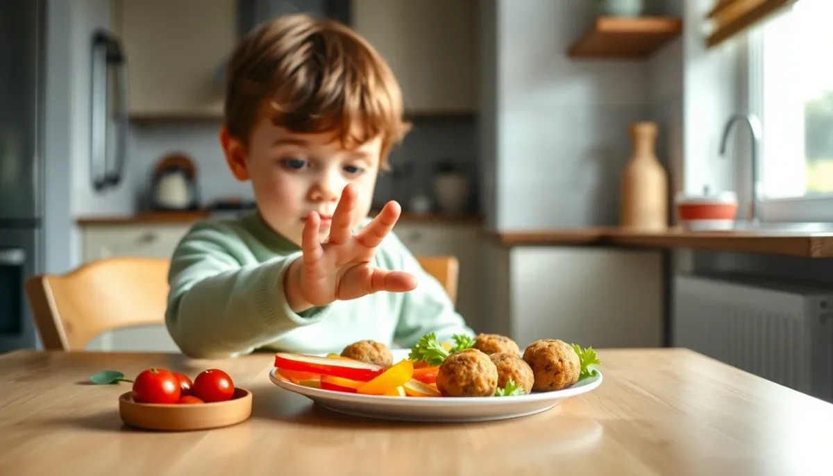 Enfant découvrant avec curiosité une assiette de finger foods à base de légumes camouflés
