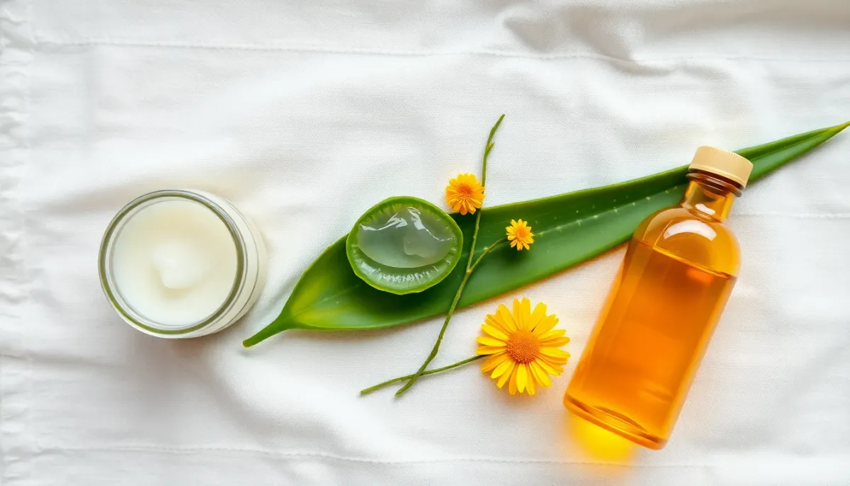 Vue de dessus des remèdes naturels pour érythème fessier : huile de coco, gel d'aloe vera, fleurs de calendula et liniment oléo-calcaire sur tissu blanc