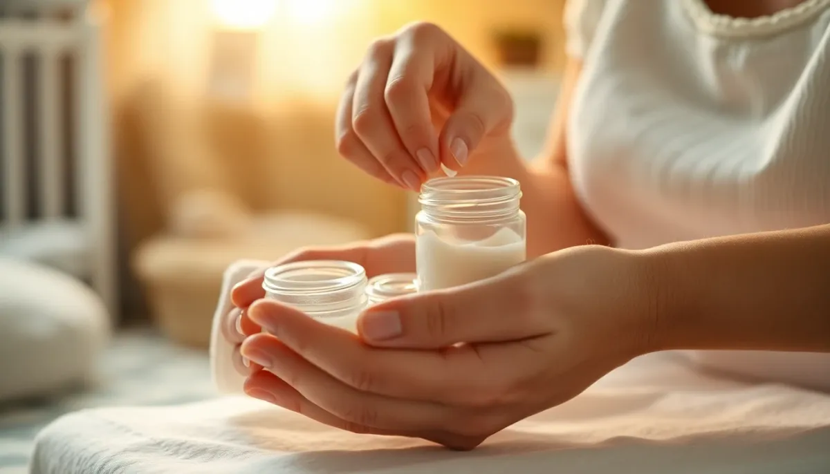 Application d'un remède naturel sur un coton lors du change de bébé, geste doux et soigneux à la lumière naturelle