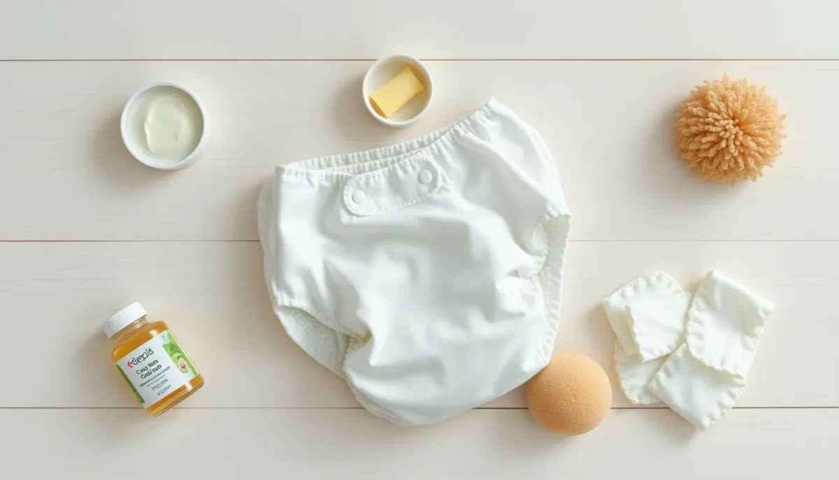 Kit de change anti-érythème fessier : couches en tissu, beurre de karité, huile de calendula et cotons doux disposés sur une surface en bois clair