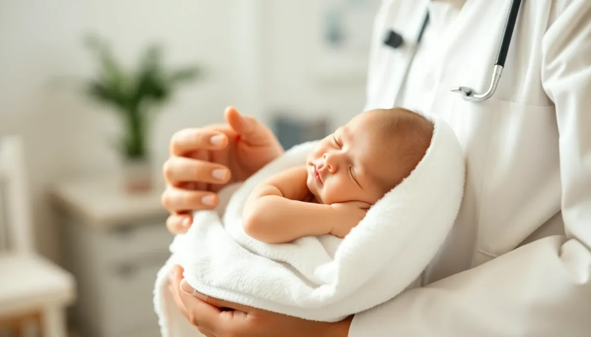 Consultation pédiatrique pour érythème fessier sévère : parent tenant son bébé enveloppé dans une serviette douce lors d'une visite médicale