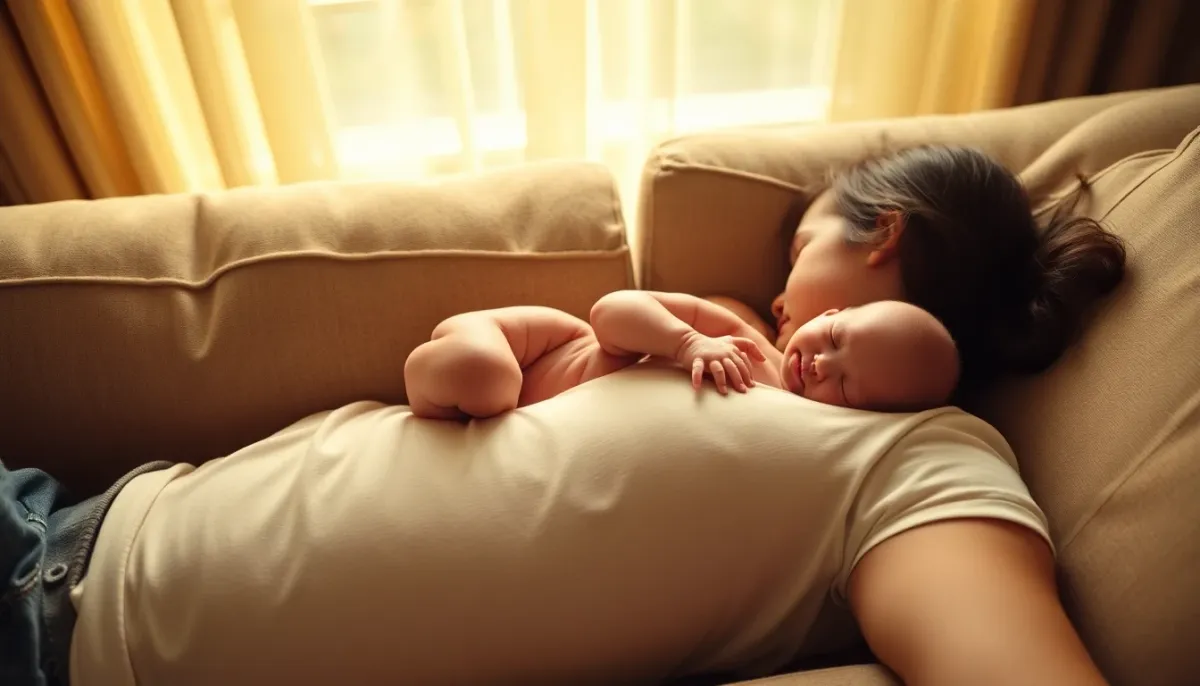 Parent allongé sur le dos avec un nouveau-né posé ventre contre poitrine en contact peau à peau, première position de tummy time