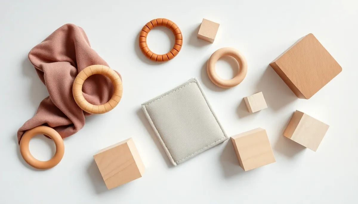 Vue de dessus de jouets pour bébé en différents matériaux sécurisés : silicone, bois naturel, tissu et plastique souple