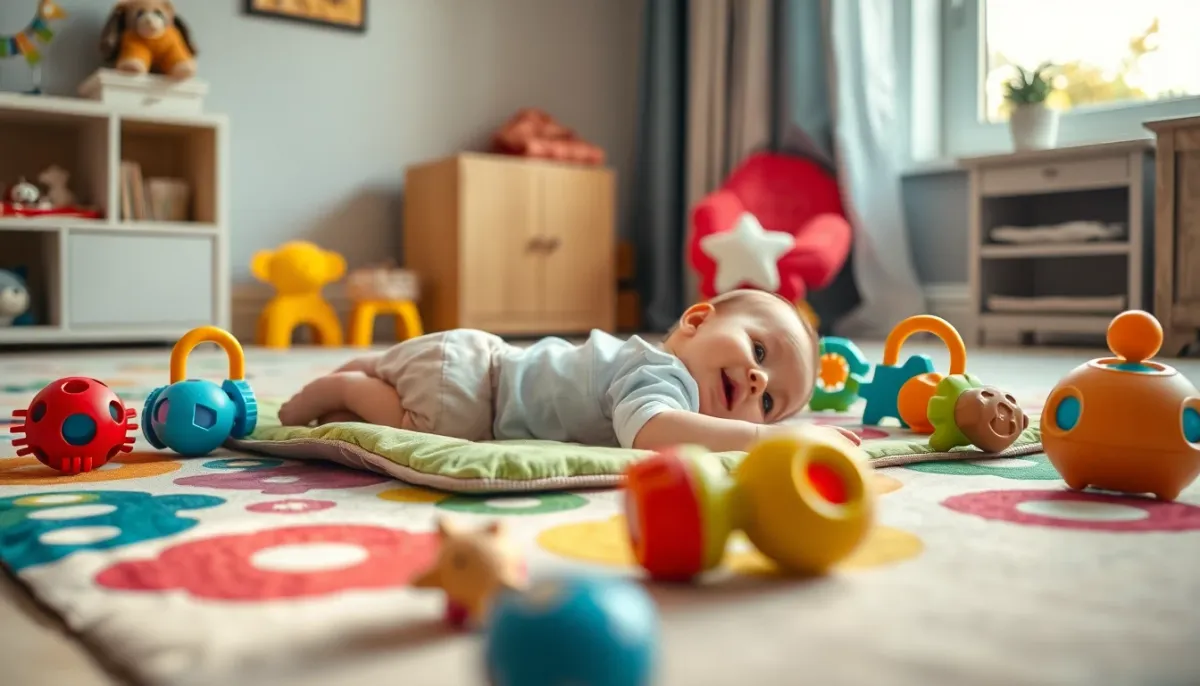 Bébé de 6 mois allongé sur un tapis d'éveil entouré de jouets sensoriels colorés dans une ambiance lumineuse et chaleureuse