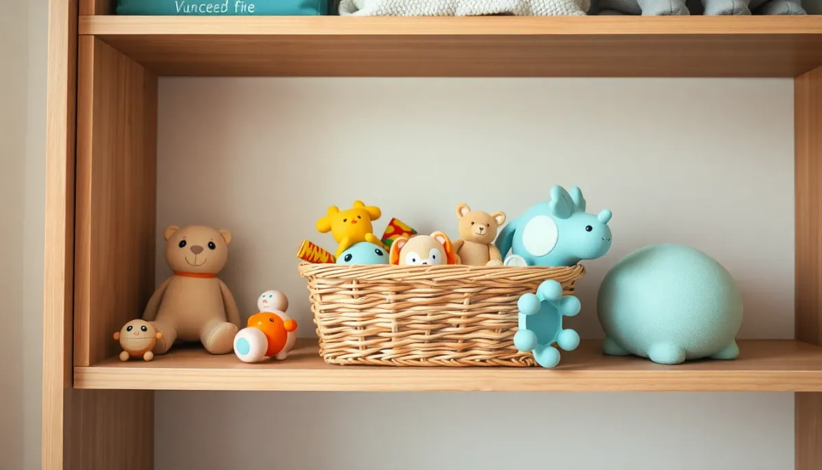 Panier en osier contenant une sélection de jouets essentiels pour bébé 6 mois classés par priorité d'achat