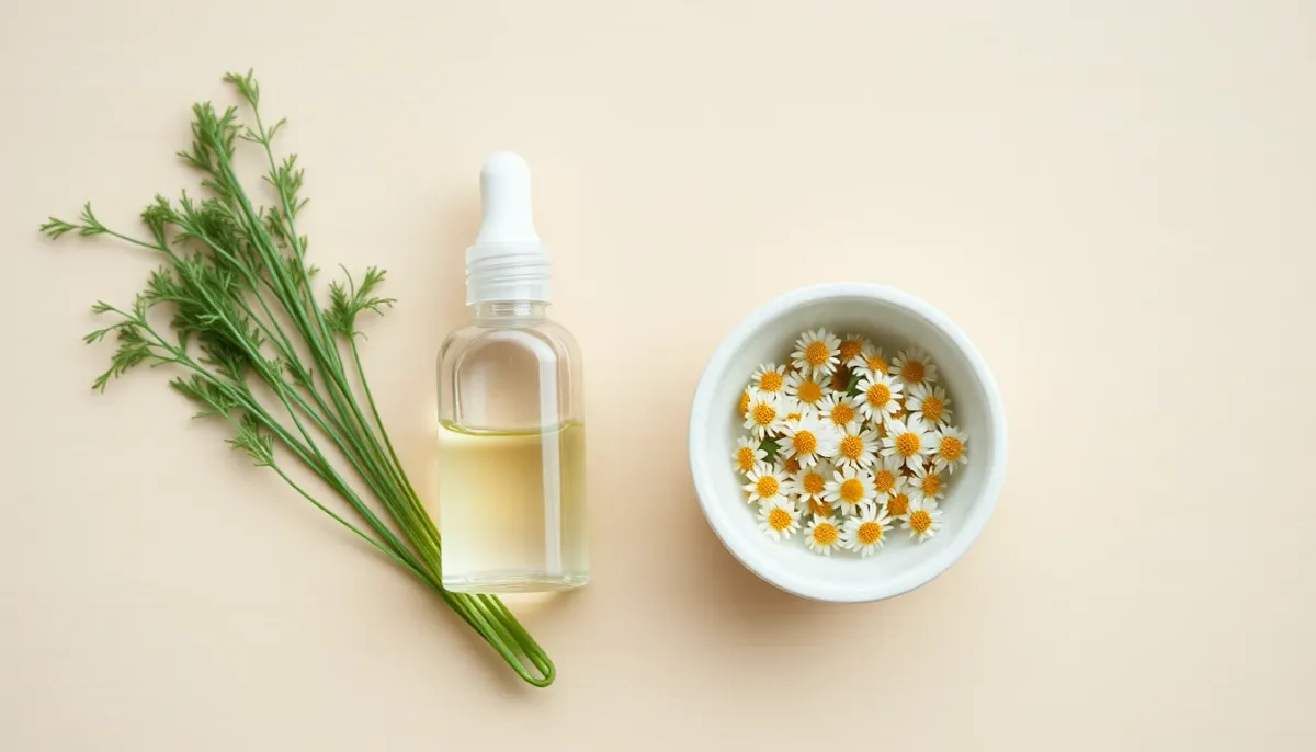 Flacon de probiotiques en gouttes posé près de fenouil frais et de fleurs de camomille sur une surface en bois clair