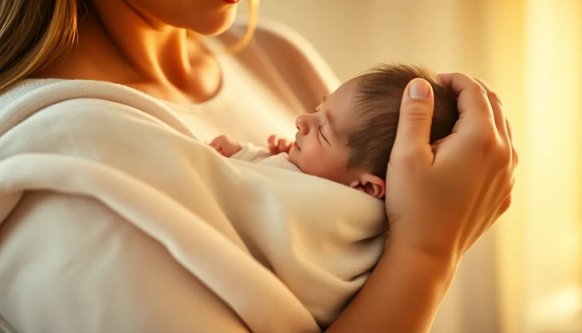 Parent tenant un bébé nouveau-né avec un lange en mousseline sur l'épaule pour la protection contre les régurgitations