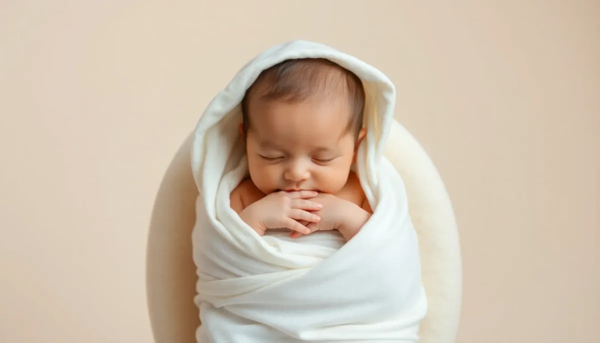 Bébé emmailloté correctement dans un lange blanc montrant la technique d'enveloppement apaisant