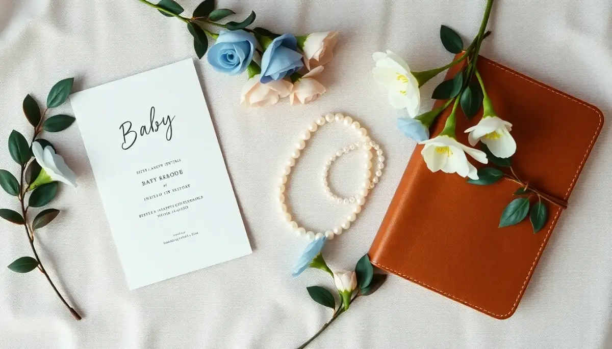 Composition élégante avec faire-part de naissance, fleurs délicates et accessoires raffinés, évoquant le choix du prénom Adélaïde