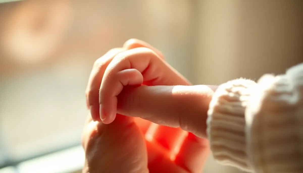 Main de bébé dans celle d'un parent symbolisant la protection et la bienveillance du prénom Aliocha