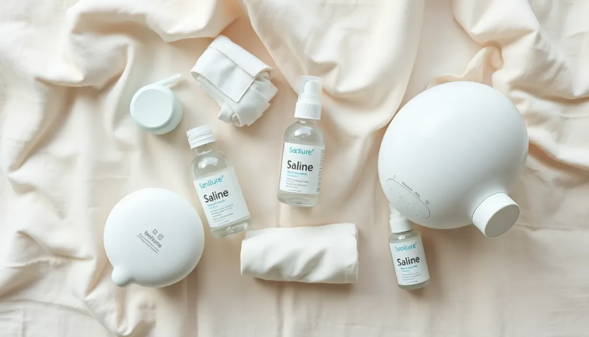Arrangement de produits et accessoires de soin pour le confort respiratoire du bébé en vue de dessus