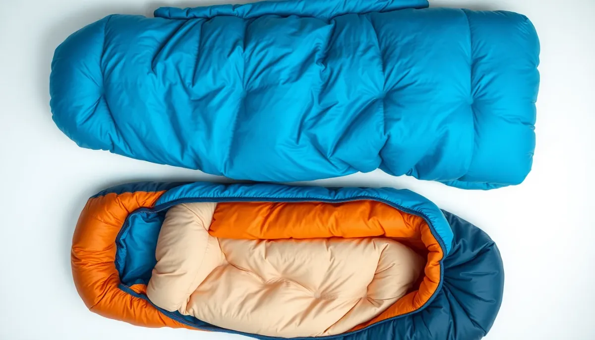 Vue de dessus des composants d'un sac de couchage enfant : garnissage synthétique, doublure coton, fermeture éclair de sécurité