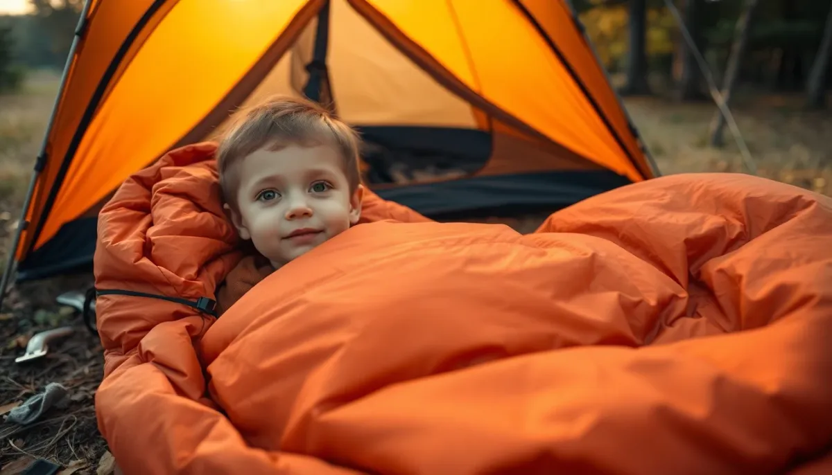 Enfant dans un sac de couchage lors d'une sortie camping en fin d'après-midi, illustrant l'adaptation à l'usage extérieur