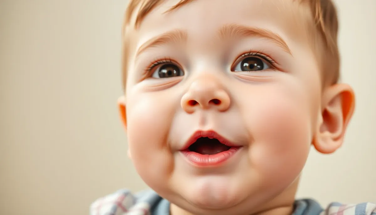 Gros plan d'un bébé de 15 mois en train de babiller avec une expression engagée