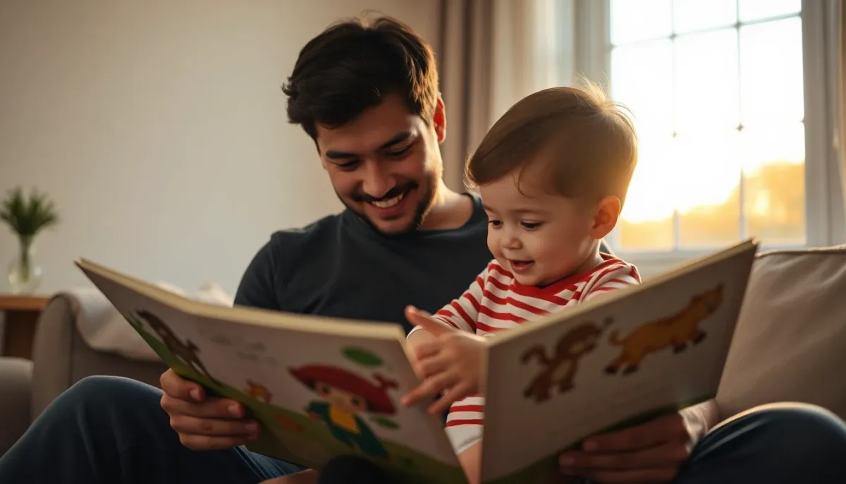 Parent et bébé de 15 mois partageant un moment de lecture avec des livres illustrés pour stimuler le langage