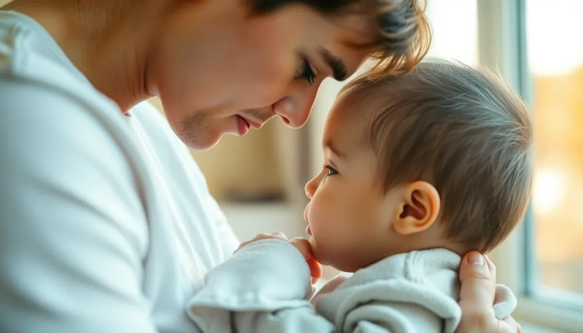 Parent essuyant délicatement le front transpirant de son bébé avec un linge doux