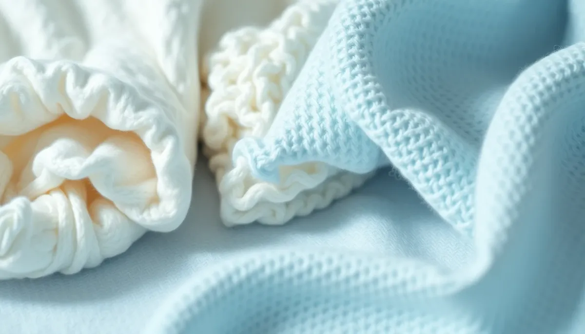 Détail des différentes matières de vêtements bébé (coton, laine mérinos, polaire)
