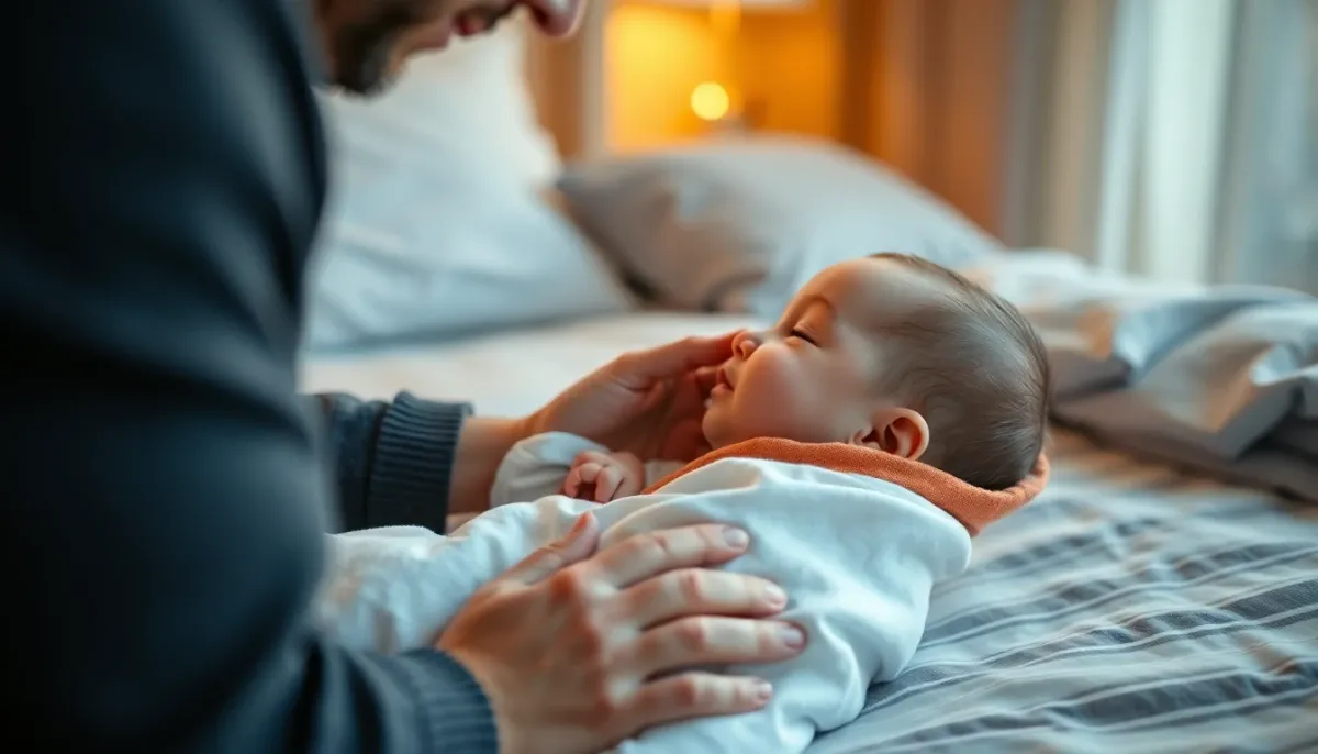 Parent mettant un bébé au lit dans une gigoteuse en fin de journée