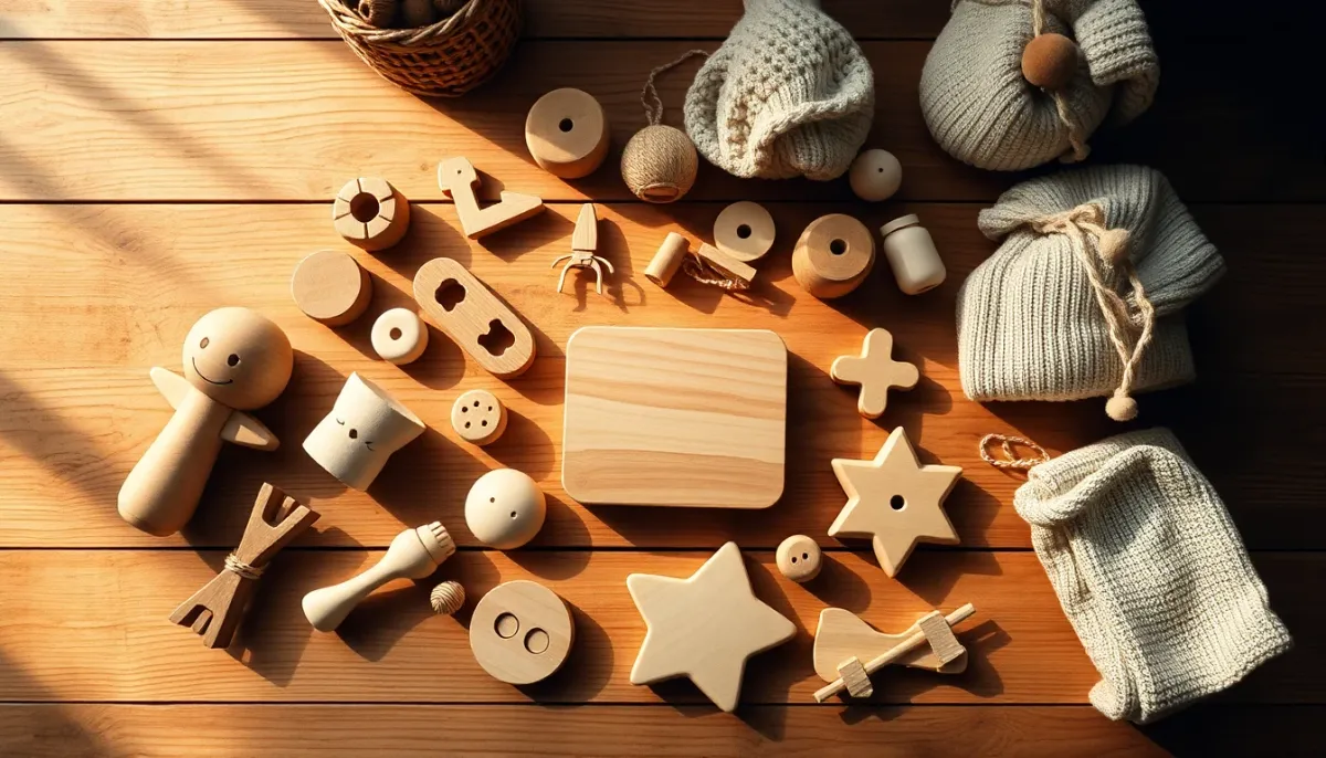Jouets bébé durables en bois et matériaux écologiques avec éclairage naturel doré