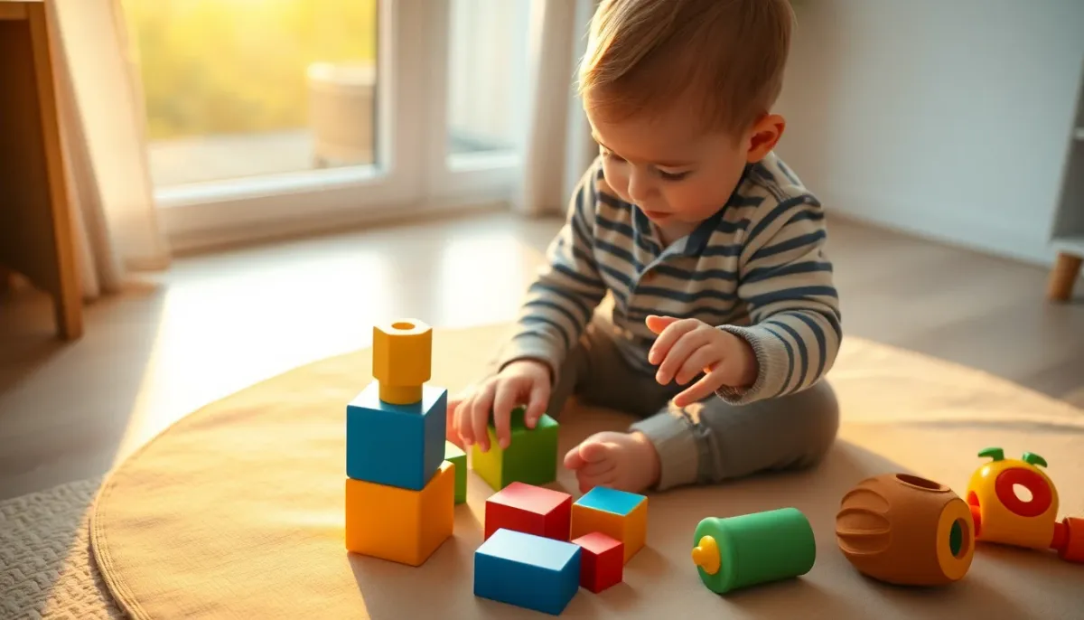 Bébé jouant avec des cubes empilables et jouets d'apprentissage sur un tapis de jeu