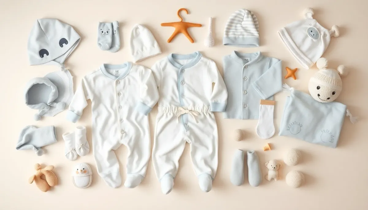 Collection de vêtements et accessoires pratiques pour bébé garçon disposés à plat