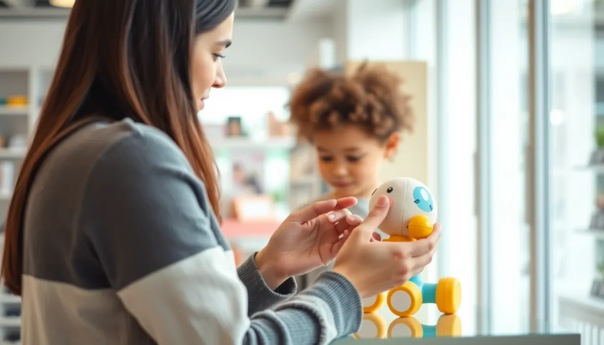 Parent inspectant attentivement un jouet pour bébé avant d'effectuer son achat