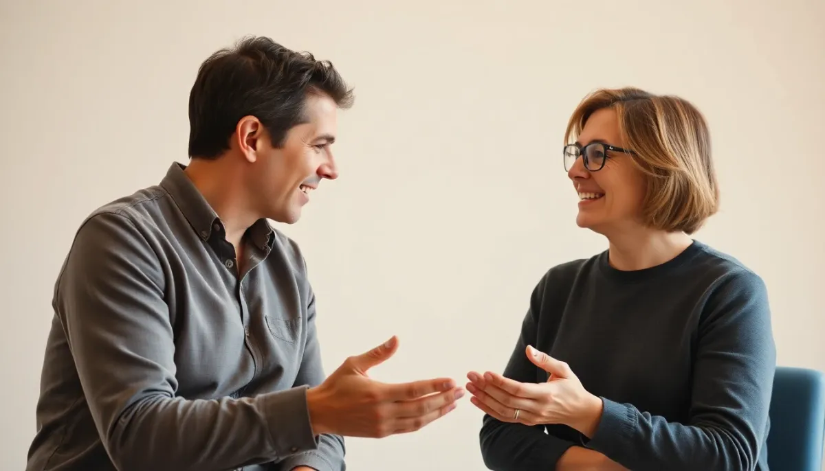 Dialogue constructif entre partenaires ou avec un professionnel, symbolisant le soutien expert recommandé
